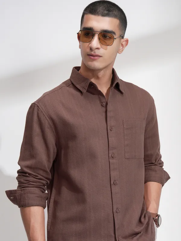 Highlander Men Brown Striped Relaxed Fit Casual Shirt