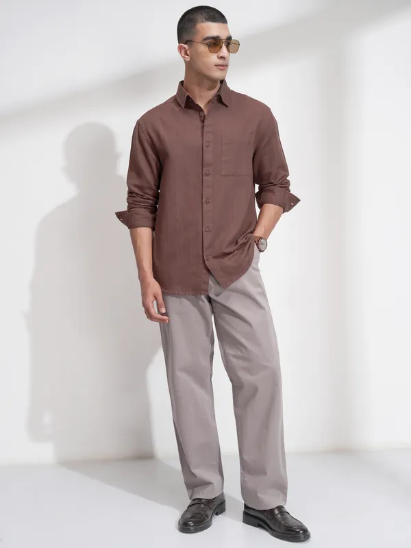 Highlander Men Brown Striped Relaxed Fit Casual Shirt