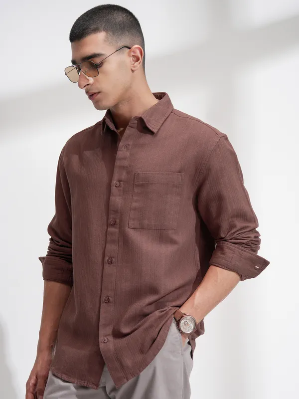Highlander Men Brown Striped Relaxed Fit Casual Shirt