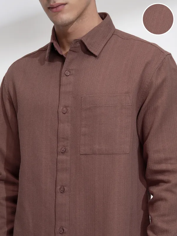 Highlander Men Brown Striped Relaxed Fit Casual Shirt