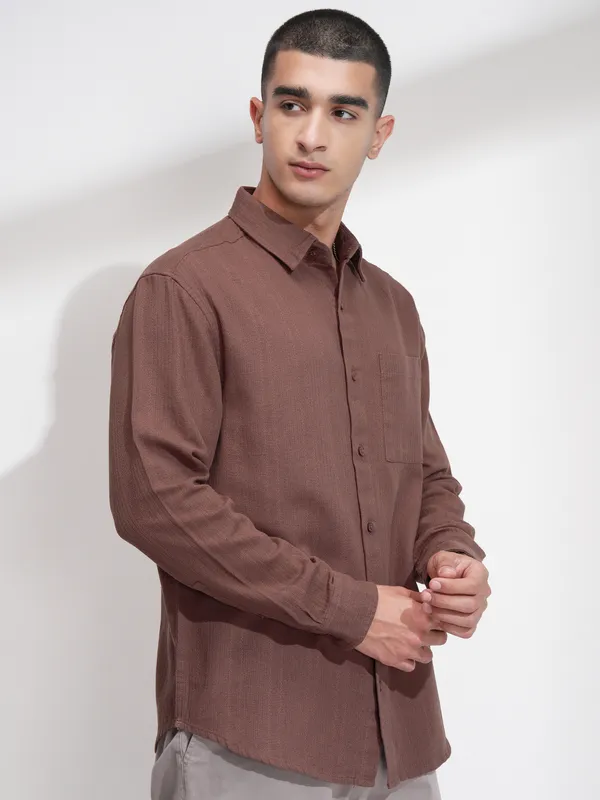 Highlander Men Brown Striped Relaxed Fit Casual Shirt