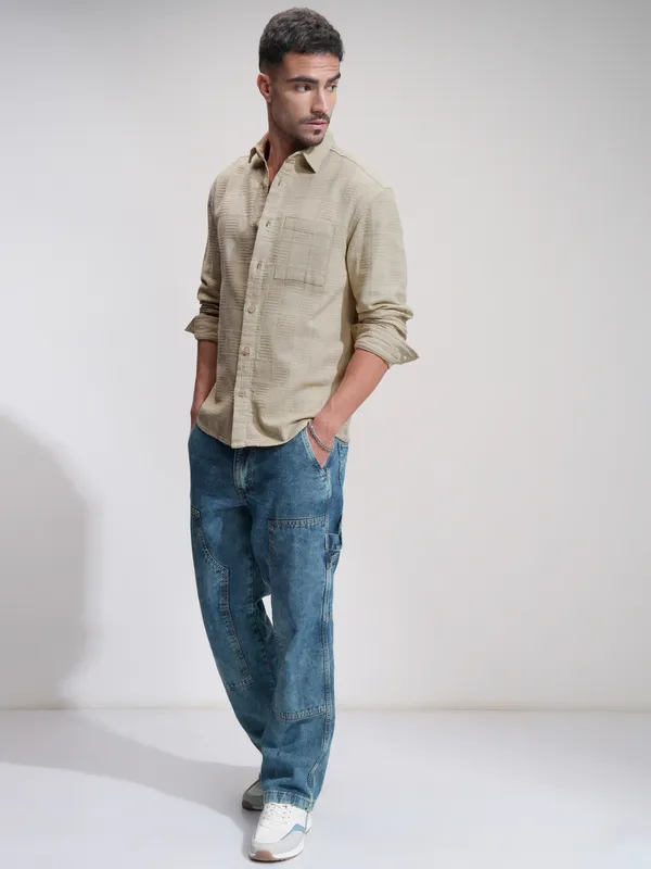 Highlander Men Beige Self Design Relaxed Fit Casual Shirt