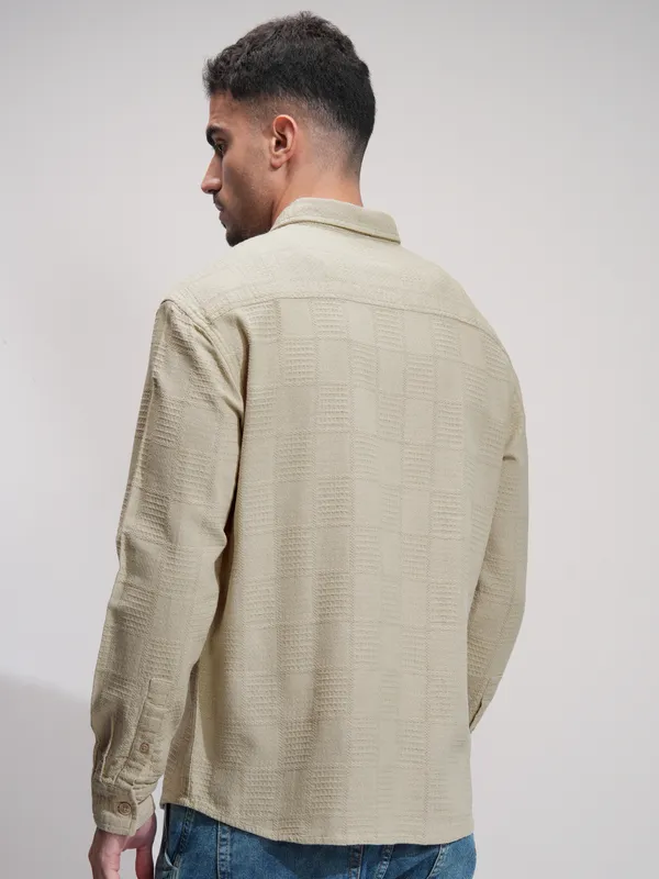 Highlander Men Beige Self Design Relaxed Fit Casual Shirt