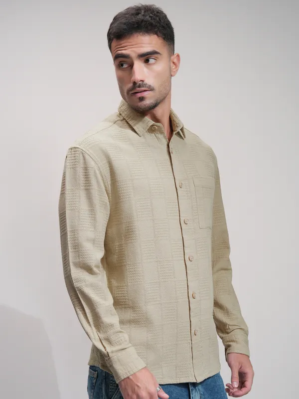 Highlander Men Beige Self Design Relaxed Fit Casual Shirt