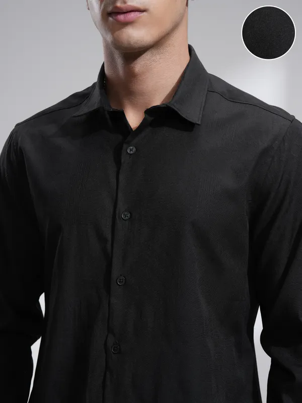 Highlander Men Black Self Design Slim Fit Casual Shirt