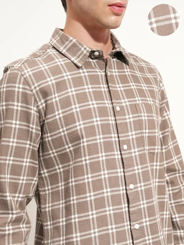 Highlander Men Brown Checked Slim Fit Casual Shirt
