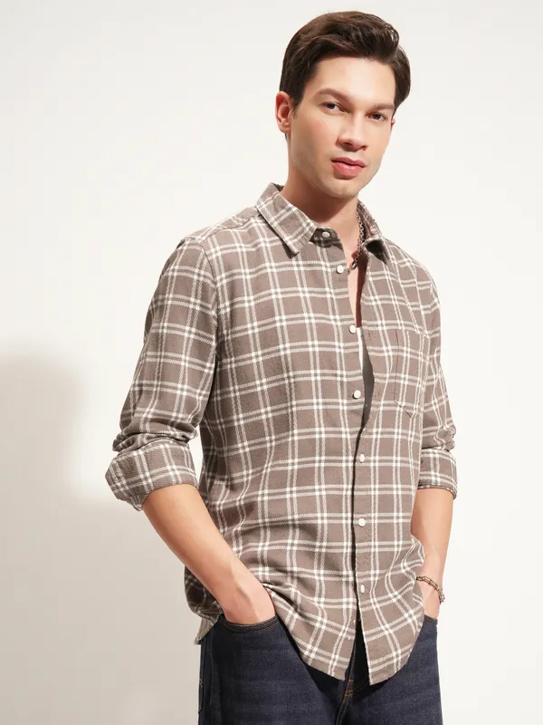 Highlander Men Brown Checked Slim Fit Casual Shirt