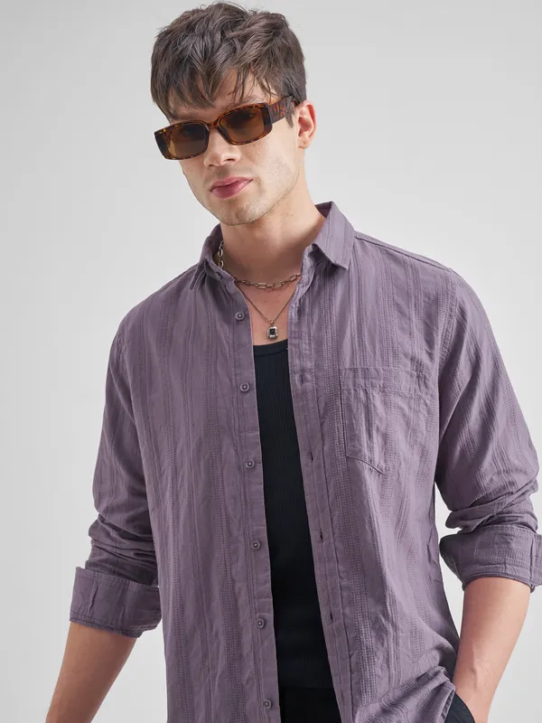 Highlander Men Purple Self Design Slim Fit Casual Shirt
