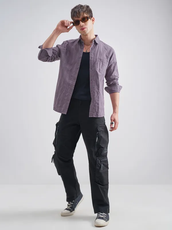 Highlander Men Purple Self Design Slim Fit Casual Shirt