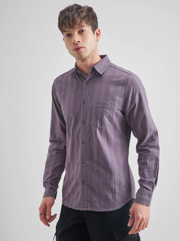 Highlander Men Purple Self Design Slim Fit Casual Shirt