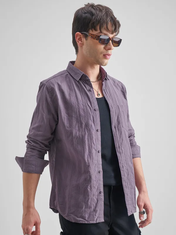 Highlander Men Purple Self Design Slim Fit Casual Shirt