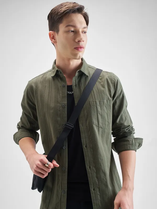 Highlander Men Olive Striped Slim Fit Casual Shirt