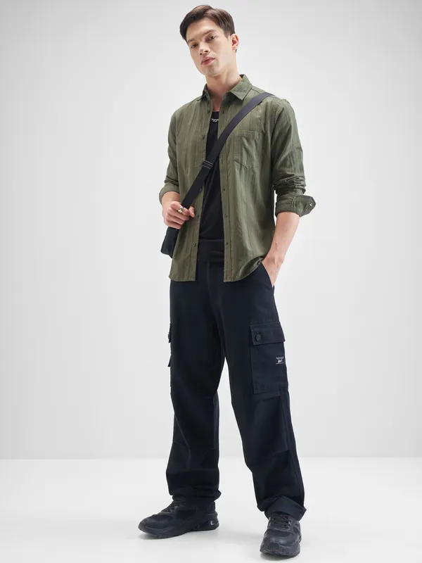 Highlander Men Olive Striped Slim Fit Casual Shirt