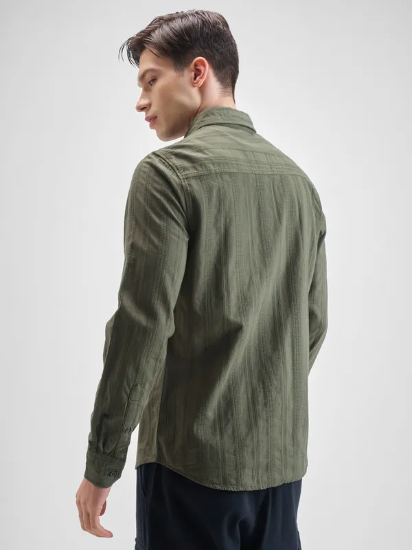 Highlander Men Olive Striped Slim Fit Casual Shirt