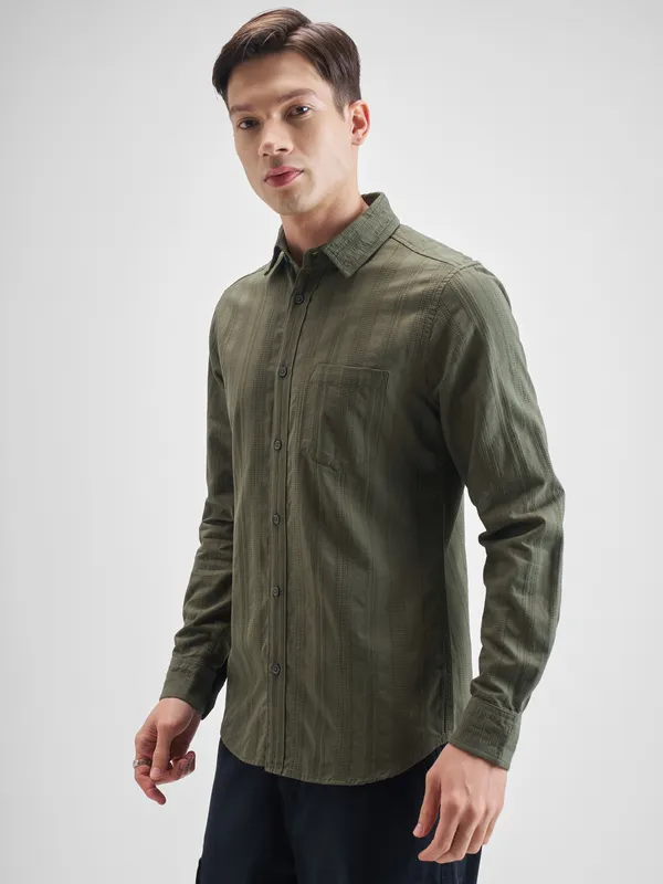 Highlander Men Olive Striped Slim Fit Casual Shirt