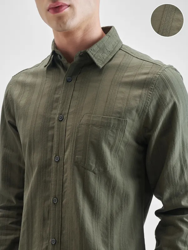 Highlander Men Olive Striped Slim Fit Casual Shirt