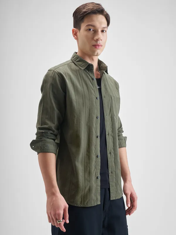 Highlander Men Olive Striped Slim Fit Casual Shirt