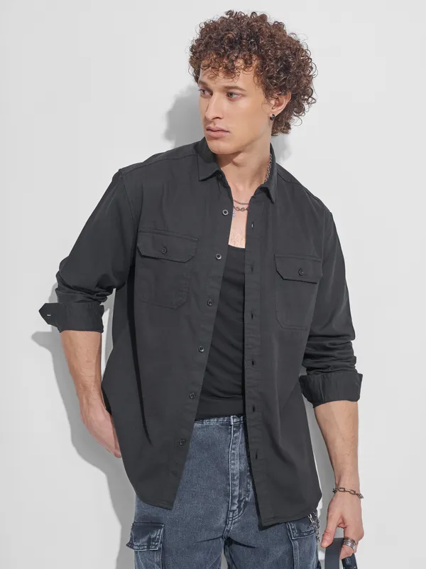 Highlander Men Black Self Design Relaxed Fit Casual Shirt