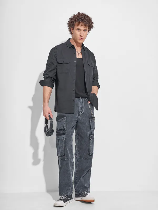 Highlander Men Black Self Design Relaxed Fit Casual Shirt