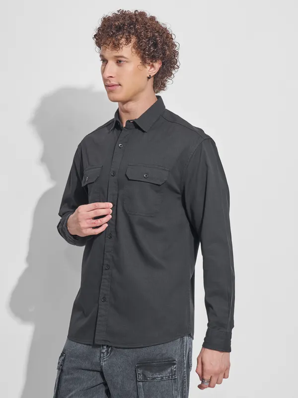 Highlander Men Black Self Design Relaxed Fit Casual Shirt