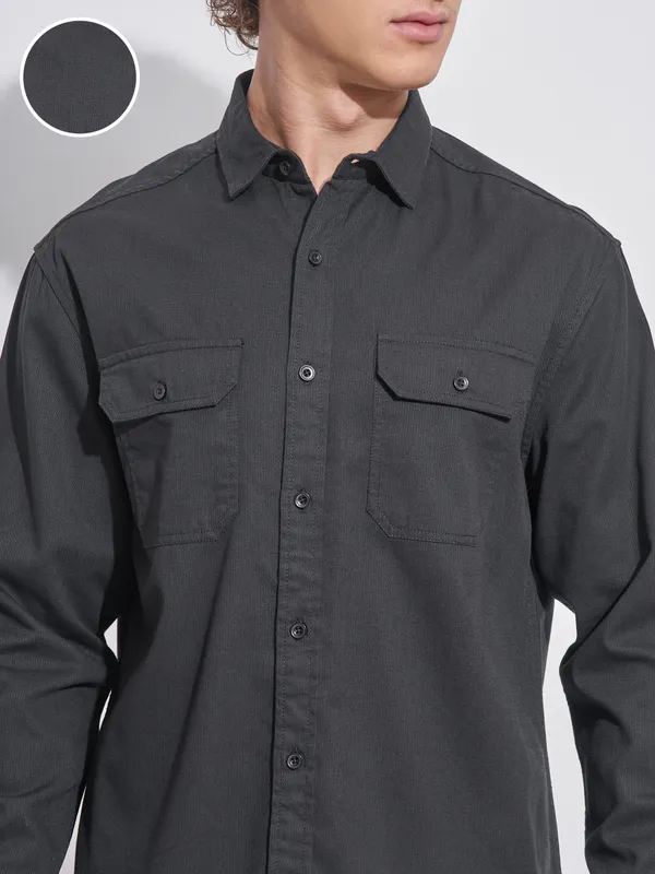 Highlander Men Black Self Design Relaxed Fit Casual Shirt