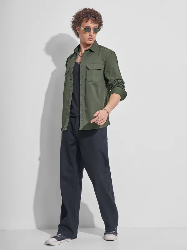 Highlander Men Green Self Design Relaxed Fit Casual Shirt