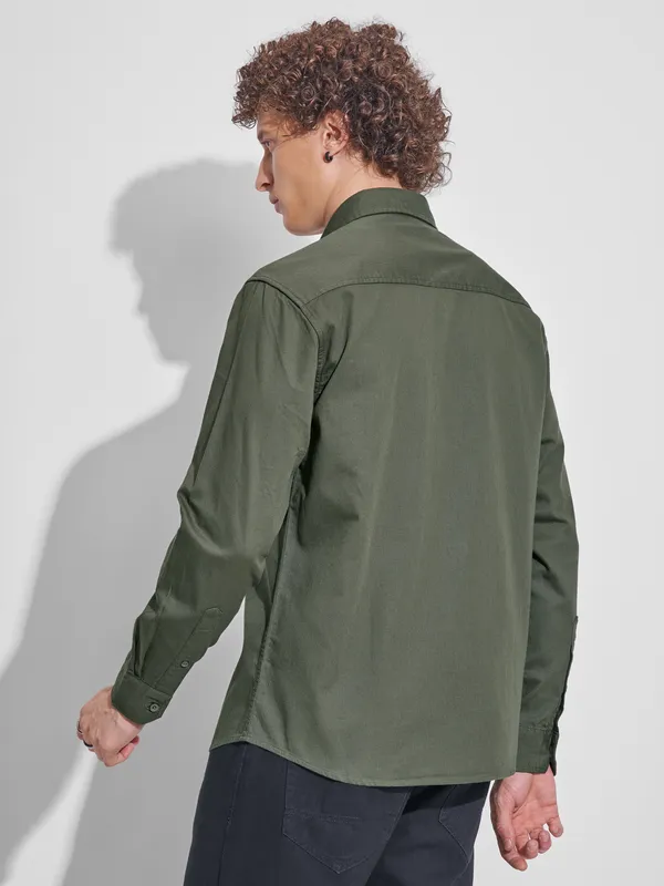 Highlander Men Green Self Design Relaxed Fit Casual Shirt