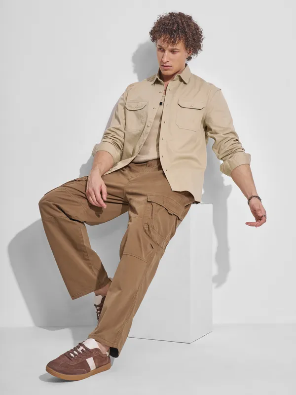 Highlander Men Beige Self Design Relaxed Fit Casual Shirt