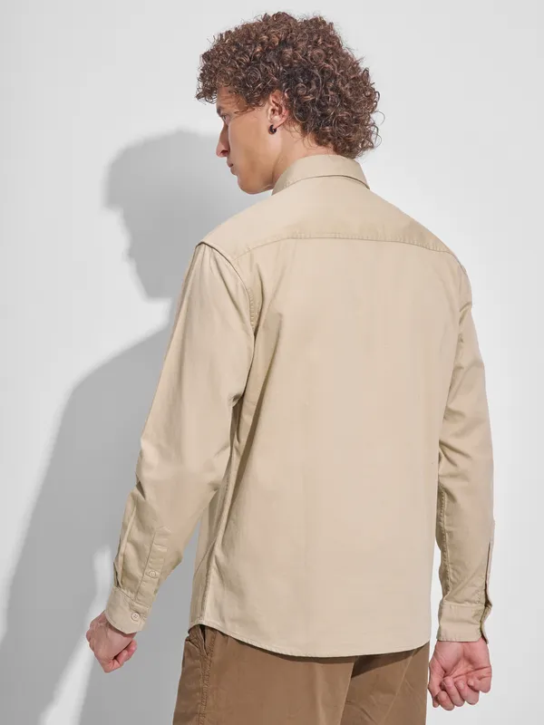 Highlander Men Beige Self Design Relaxed Fit Casual Shirt