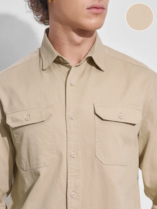 Highlander Men Beige Self Design Relaxed Fit Casual Shirt