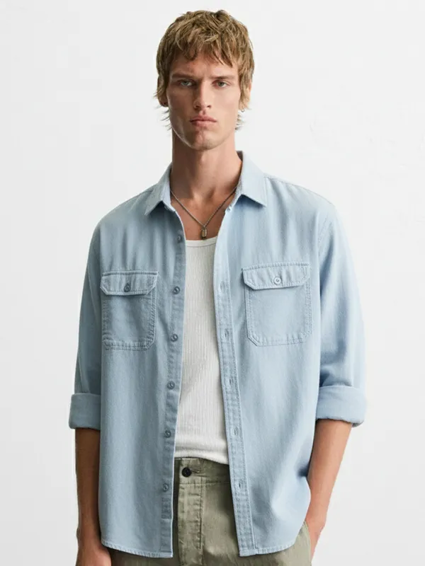 Highlander Men Blue Self Design Relaxed Fit Casual Shirt