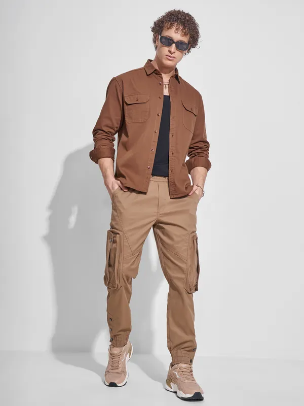 Highlander Men Rust Self Design Relaxed Fit Casual Shirt