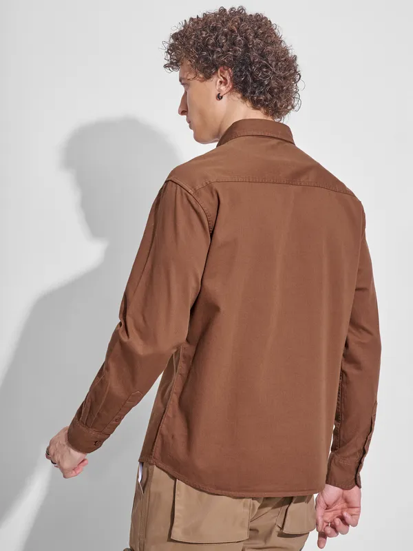 Highlander Men Rust Self Design Relaxed Fit Casual Shirt