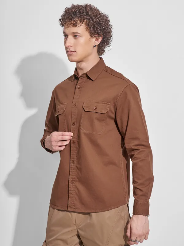 Highlander Men Rust Self Design Relaxed Fit Casual Shirt