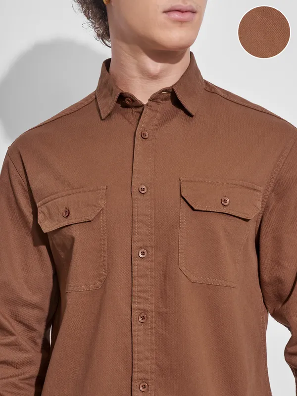 Highlander Men Rust Self Design Relaxed Fit Casual Shirt