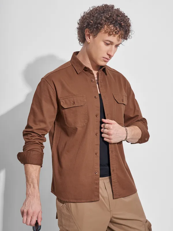 Highlander Men Rust Self Design Relaxed Fit Casual Shirt