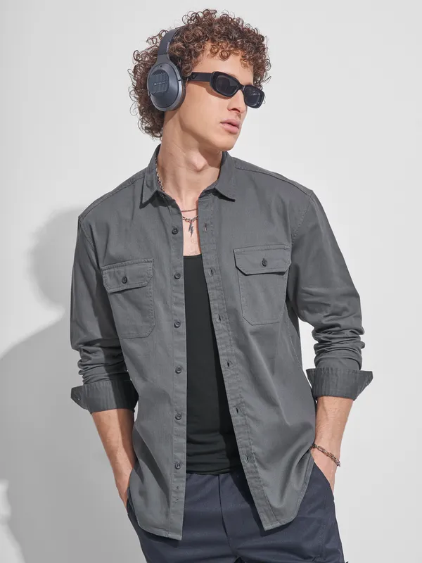 Highlander Men Charcoal Self Design Relaxed Fit Casual Shirt
