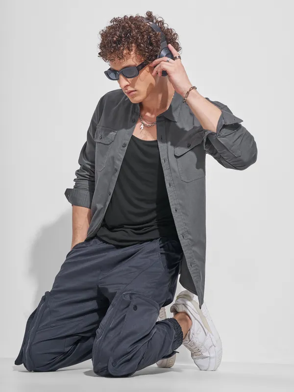 Highlander Men Charcoal Self Design Relaxed Fit Casual Shirt