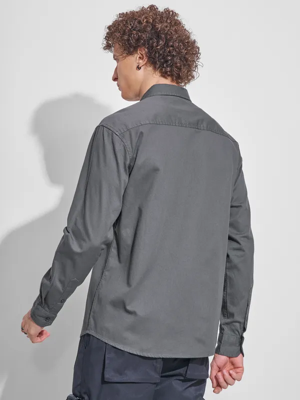 Highlander Men Charcoal Self Design Relaxed Fit Casual Shirt