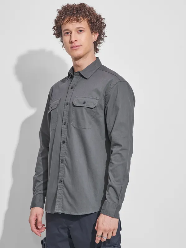 Highlander Men Charcoal Self Design Relaxed Fit Casual Shirt