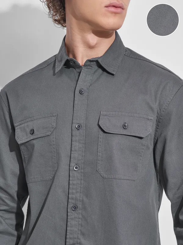 Highlander Men Charcoal Self Design Relaxed Fit Casual Shirt