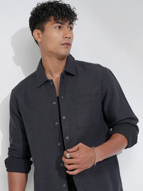 Highlander Men Charcoal Self Design Relaxed Fit Casual Shirt