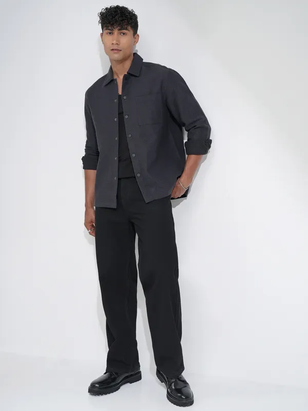 Highlander Men Charcoal Self Design Relaxed Fit Casual Shirt