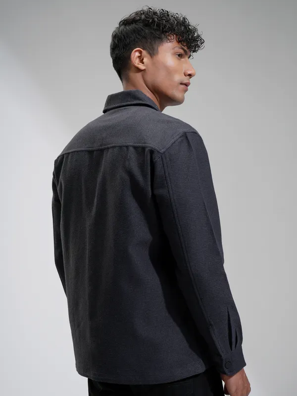 Highlander Men Charcoal Self Design Relaxed Fit Casual Shirt