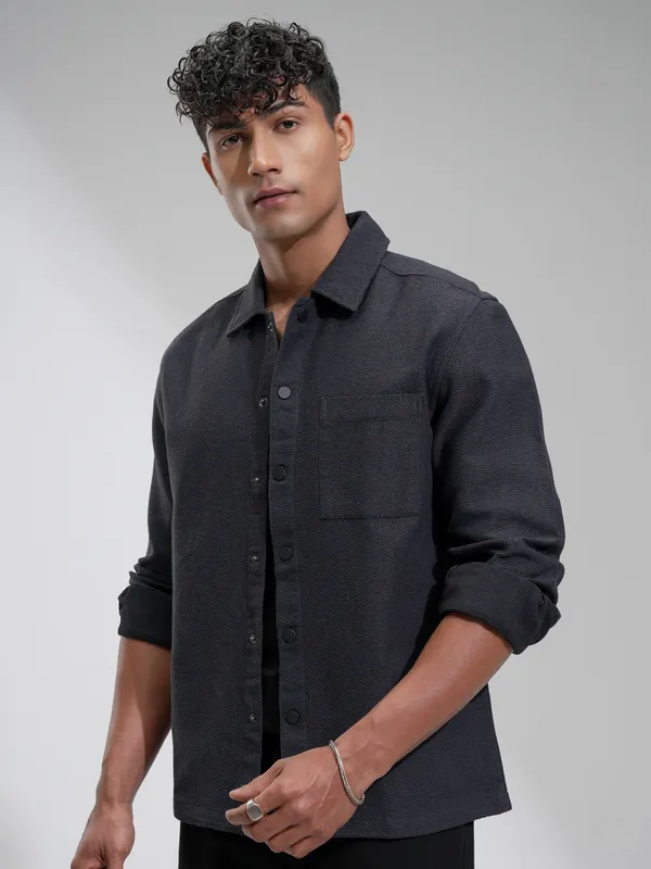 Highlander Men Charcoal Self Design Relaxed Fit Casual Shirt