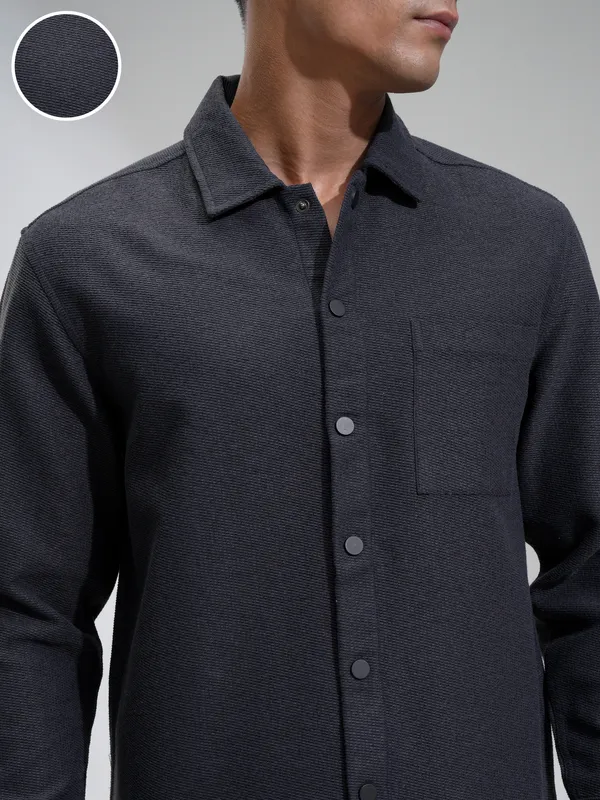 Highlander Men Charcoal Self Design Relaxed Fit Casual Shirt