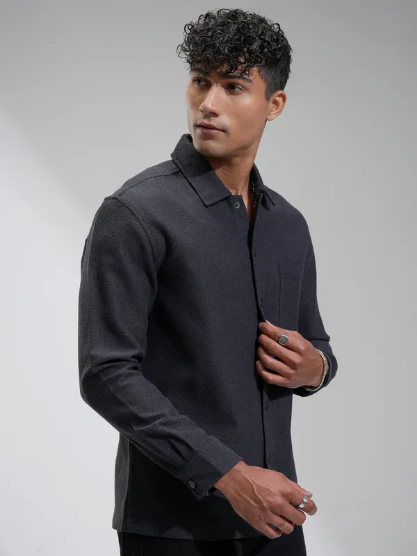 Highlander Men Charcoal Self Design Relaxed Fit Casual Shirt