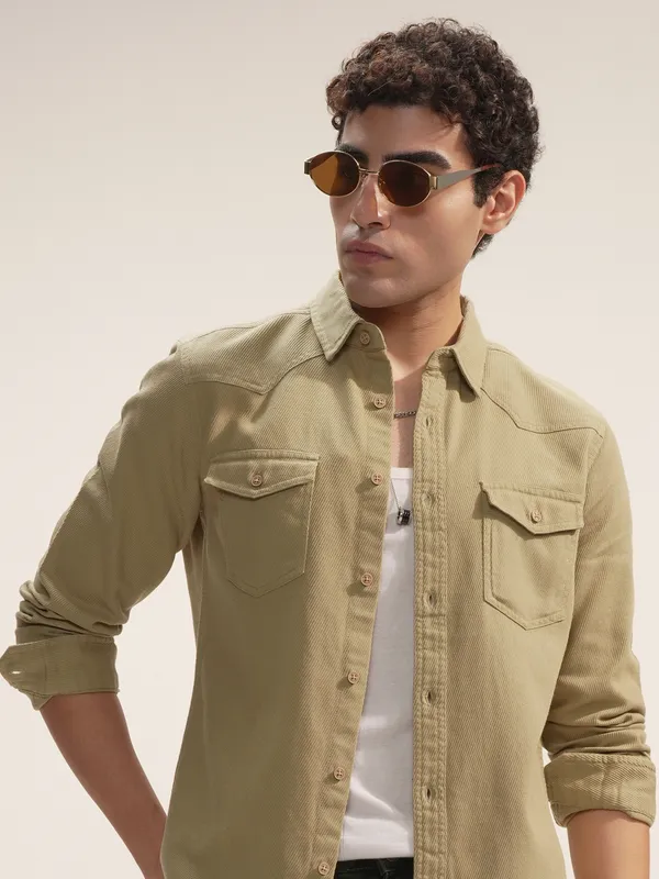 Highlander Men Khaki Self Design Slim Fit Casual Shirt