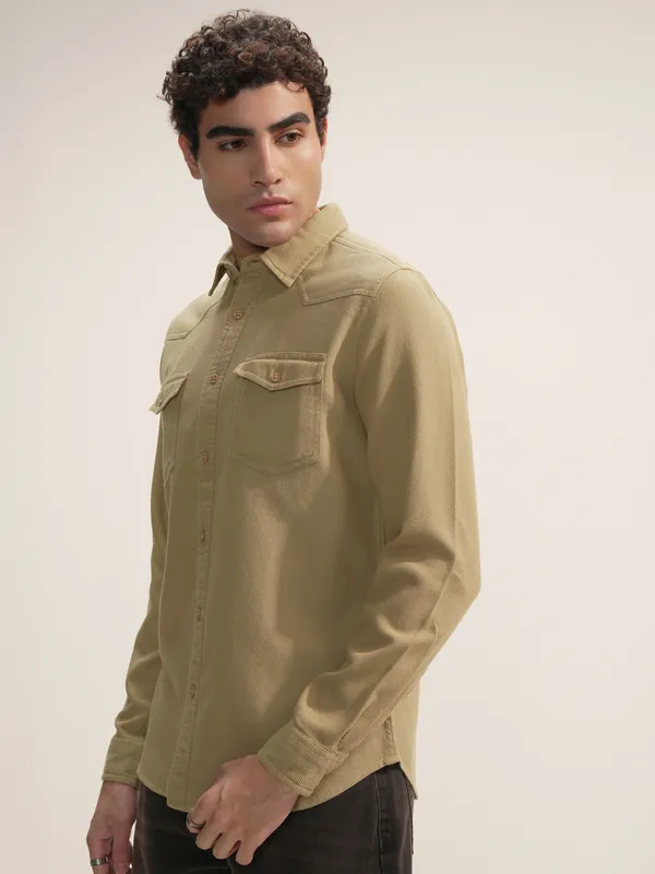 Highlander Men Khaki Self Design Slim Fit Casual Shirt