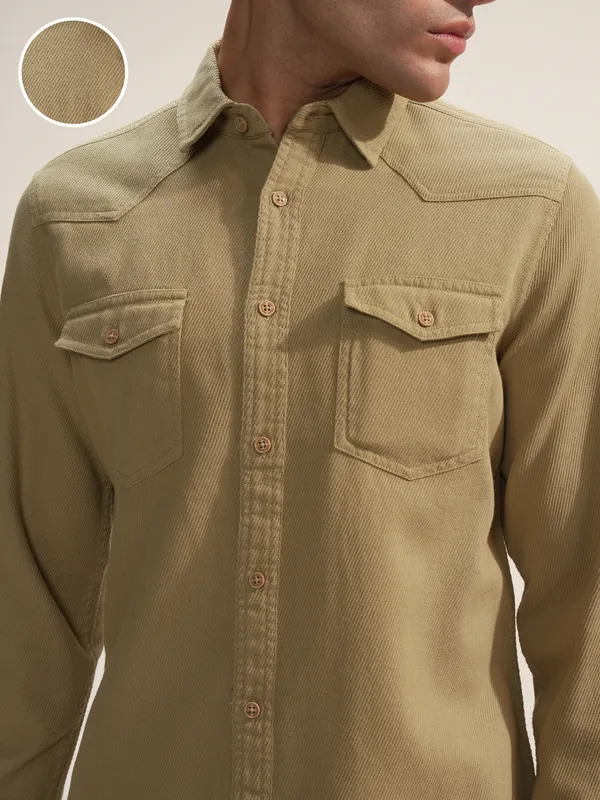 Highlander Men Khaki Self Design Slim Fit Casual Shirt